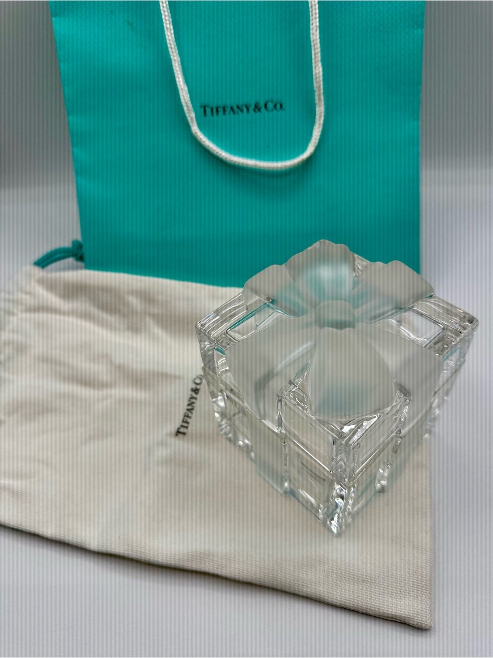 Tiffany & Co. Clear Crystal Floral Square Votive Holder with Signature Pouch